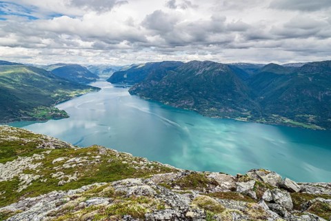 Lustrafjord, branch of Sognefjord, view towards east end at Fortun and Skjolden, seen from summit