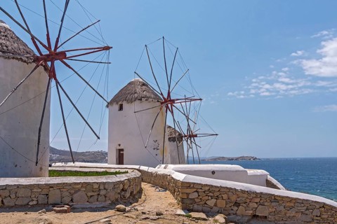 The windmills, the landmark of Mykonos, Cyclades, Greece, Europe