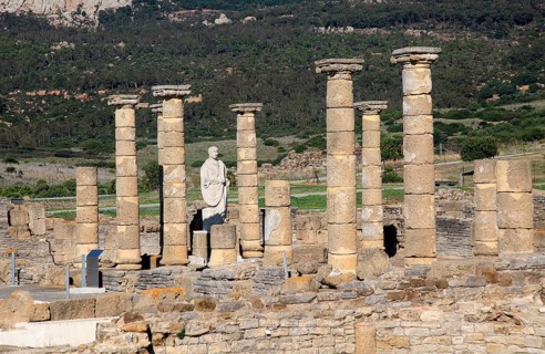 Statue of Emperor Trajan in the forum, Baelo Claudia Roman site, Cadiz Province, Spain, Europe