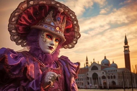 A person adorned in a richly detailed and colorful carnival costume, complete with an elaborate