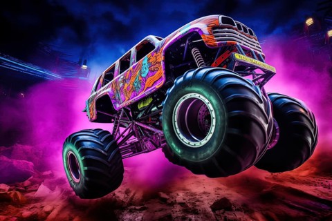 Monster truck with neon lighting, jumping off-road outdoors in cloud of dust, during a night event,