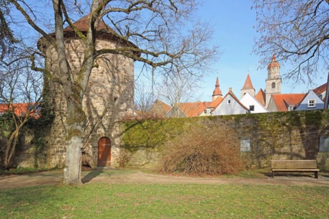 Historic defence defence tower with town wall and towers of collegiate church, St. Johannis Church,