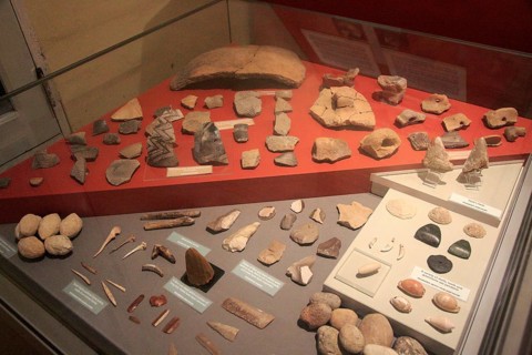 Pottery and tool display of neolithic finds, National Museum of Archaeology, Valletta, Malta,
