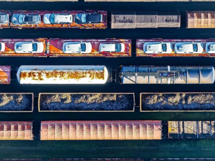 Deutsche Bahn AG marshalling yard. Many goods trains are parked on the tracks with tank wagons, car