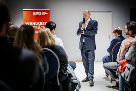 Olaf Scholz (SPD), Federal Chancellor, recorded during a public discussion in Stahnsdorf,