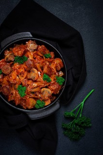 Bigos, bigus is a national Polish dish, made of cabbage and meat, stewed, homemade, no people