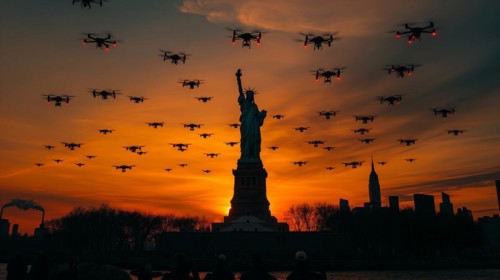 Swarm of UAV unmanned aircraft drones flying near the United States statue of liberty in new york,