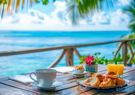 Breakfast with the scenic ocean view on vacation, AI generated