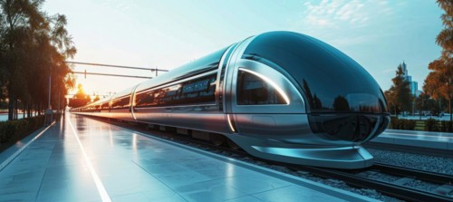 High speed train running between cities carrying passengers and tourists, AI generated