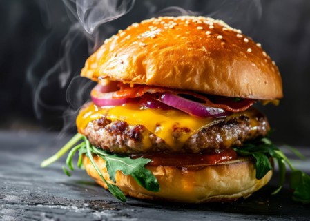 Fresh tasty beef burger with onion, cheese and vegetables. Junk food and fast food concept, AI