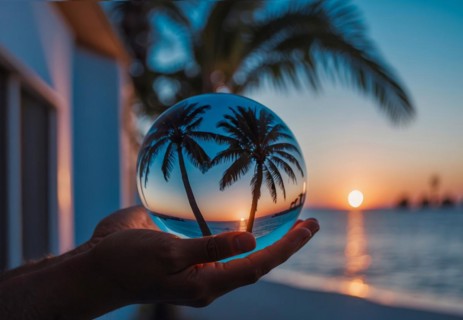 A hand holding a glass sphere with a palm tree reflected in it. The scene is set on a beach at