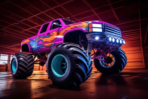 Monster truck illuminated by neon lights, excitement and thrill of an extreme sport and