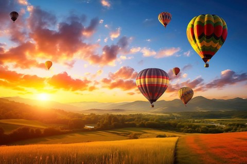 A colorful hot air balloons floats in sky over a blooming field meadow of flowers landscape at