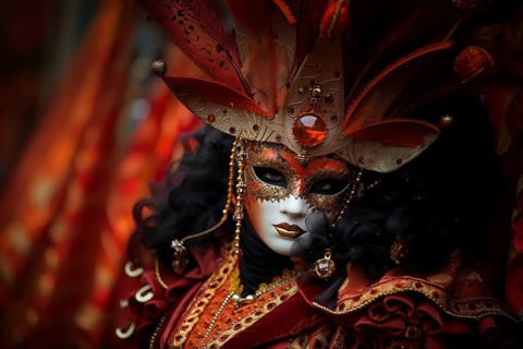A person adorned in a richly detailed and colorful carnival costume, complete with an elaborate