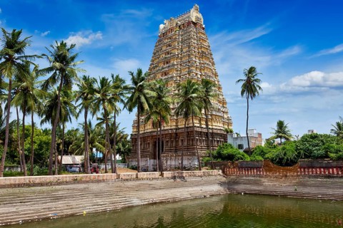 Gopura (tower) and temple tank of Lord Bhakthavatsaleswarar Temple. Built by Pallava kings in 6th