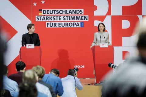 Kevin Kuehnert, SPD Secretary-General, and Katarina Barley, SPD lead candidate for the 2024