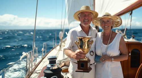 Happy sailing couple holding their trophy on the deck of their sailing boat. generative AI, AI