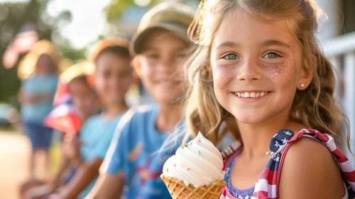 Cute children celebrating with friends and family outdoors with ice cream cones. generatvie AI, AI