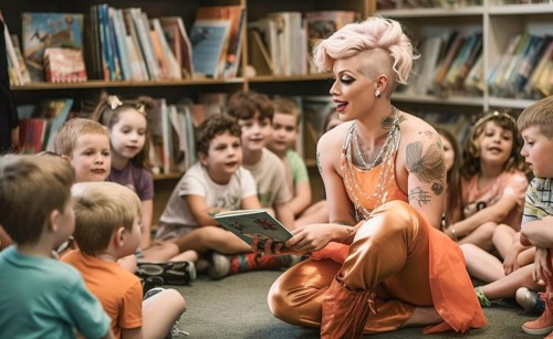 Drag queen reading A book to several young children in a bookstore, AI generated
