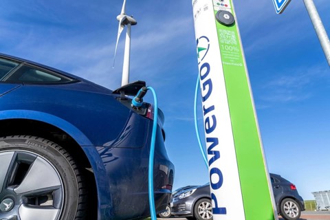 Electric car fast charging station, from the Dutch provider PowerGo, in the ferry harbour of