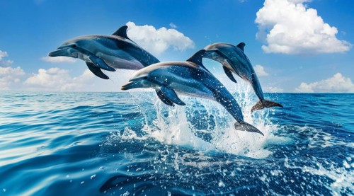 Playful dolphins are leaping and jumping out of the water in a blue ocean, AI generated