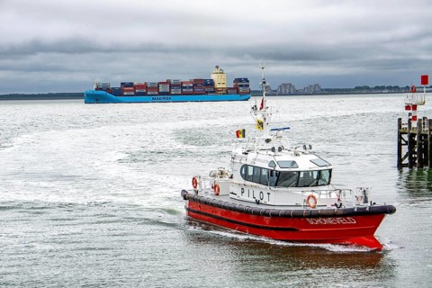 The Belgian pilot boat Schonefeld enters the Pilot Boat harbour of Vlissingen, has dropped off a