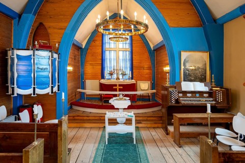View of the altar and organ in a wood-panelled church, church interior, church, Inuit settlement