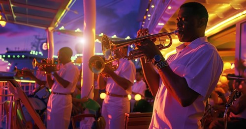 Band of musicians playing on cruise ship. Dream vacation on sailing cruise ship with entertainment,