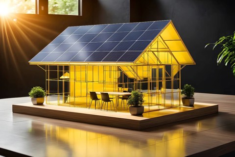Hologram yellow eco house with solar panel architecture wireframe on table, ai generated, AI
