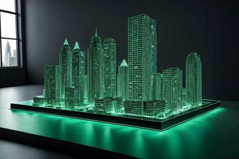 Hologram green skyscraper wireframe on table, ai generated, AI generated