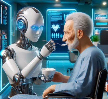 A humanoid robot feeds an old man in a retirement home, symbolic image elderly care, nursing