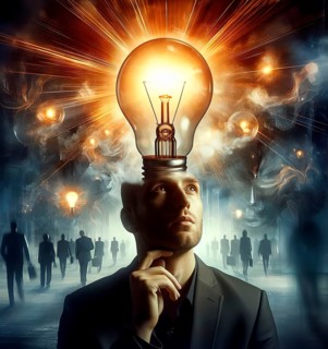 A man with a light bulb in his head who sees a light, Symbolic image thoughts, idea, flash of
