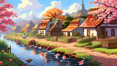 Pixel art illustration of a cozy village in spring with vibrant blooming tress and flowers, AI