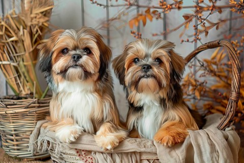 Two cute Lahsa Apso pups in a wicker basket and looking ahead, AI generated