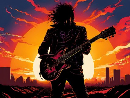 Illustration of a rock star silhouette clutching guitar against abstract urban skyline morphing