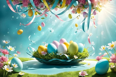 Surreal Easter scene with floating eggs, ribbons, and flowers in a dreamlike, whimsical composition