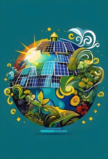 Illustration of a globe composed of triangular solar panels and swirling wind patterns, symbolizing