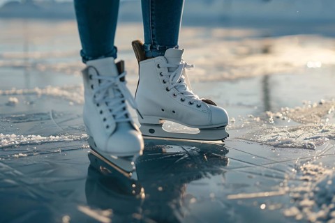 Close up of woman's feet in white ice skating shoes on frozen lake. Generative AI, AI generated