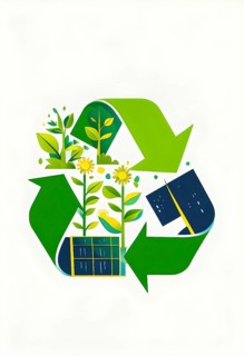 Recycling symbol morphing into growing plants and solar cells to symbolize the transformation of