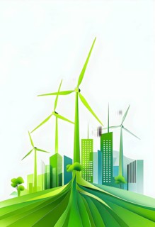 Abstract visual illustration of a city skyline where buildings morph into wind turbines and trees,