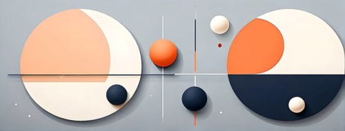 Minimalist composition of overlapping geometric shapes, such as circles, squares, and triangles,