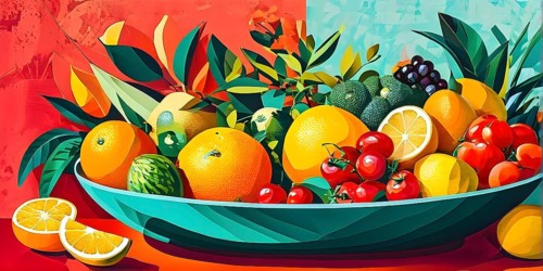Vibrant illustration of a bowl brimming with a cascade of fresh fruits and vegetables, AI generated
