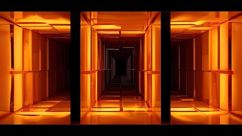 Windows aligned within an elongated tunnel permeated with gradients of orange hues, AI generated