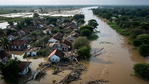 Aerial view showcases the extensive demolition within a village in massive water flood, AI