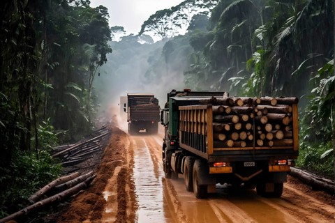 Trucks loaded with freshly cut timber wind through the narrow paths of the diminishing amazon