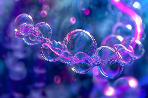 Helix shaped structure bathed in vibrant purple color interconnected with a string of iridescent