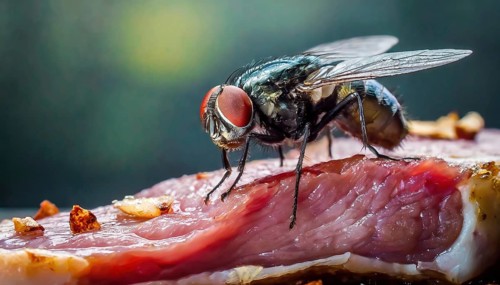 Symbol, animal, insect, close-up of a blowfly on a piece of meat, Calliphoridae, Calliphora vicina,