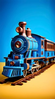 Vintage wooden locomotive toy with a playful design in front of blue background, AI generated