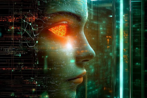 Conceptual symbolism of artificial Intelligence represented by a human face with a glowing orange