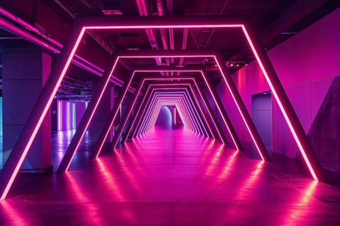 Room with modern futuristic pink glowing neon light lines. Generative ai, AI generated